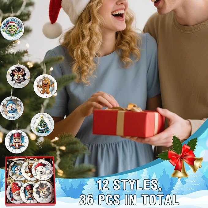 Suzile 36 Pcs Christmas Wooden Ornaments Christmas 3D Break Through Ornament Xmas Cute Animal Decorations for Tree Wreaths Xmas Hanging Wood Cutouts Decor for Home Winter Party