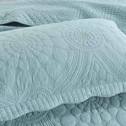 MarCielo 3-Piece 100% Cotton Oversized Bedspread Lightweight Quilt Coverlet Embroidery Farmhouse Bedding (Tf Aruba Blue, Oversized Queen (100"x106"))
