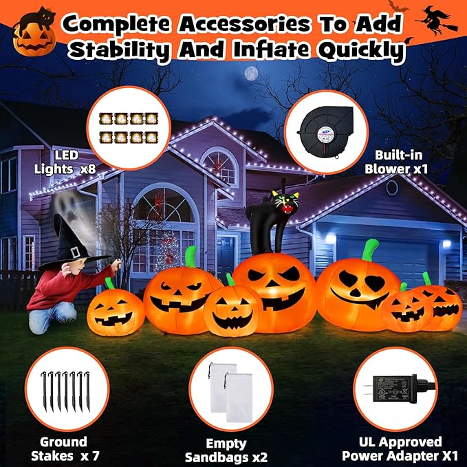 B&D 8FT Long Halloween Inflatables Pumpkin Outdoor Decorations, 7 Inflatable Pumpkins and Black Cat Combo Halloween Blow Up Decorations Built-in LEDs for Holiday Party Yard Garden Lawn Patio Décor