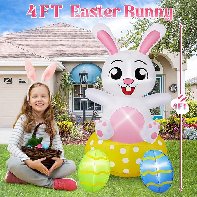 B&D 4FT Easter Inflatables Outdoor Decorations, Blow Up Inflatable Bunny Sits on Colorful Eggs Built-in LED Lights Happy Easter Yard Decorations for Holiday Party Indoor Outdoor Garden Lawn Decor