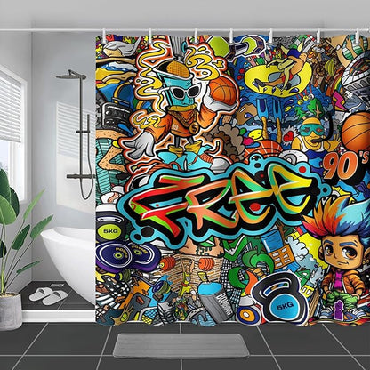 AILONEN Sport Graffiti Shower Curtain for Bathroom,Colorful Graffiti Pattern Bathroom Curtain for Kids Boys Girls,Bath Curtain 72" W*72" H Polyester Waterproof Bathroom Curtain with 12 Hooks