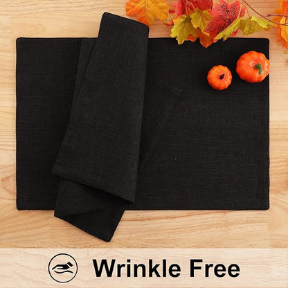 homing Black Cloth Placemats for Dining Table Set of 8 – Cotton Linen Blend Washable Farmhouse Kitchen Mats for Indoors & Outdoors - Easy to Clean 13 x 19 Inch