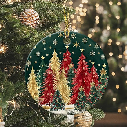 Christmas Tree Forest Ornament Round Ceramic Ornament Star Snowflake Xmas Keepsake for Christmas Tree Winter Holiday Xmas Gift for Women Men Xmas Hanging Ornament 3"