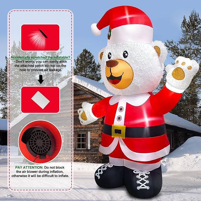 Kalolary 8FT Christmas Inflatable Fluffy Bear with LED Light, White & Red, Plush Fabric, Wind Resistant, Christmas Fluffy Bear Decoration