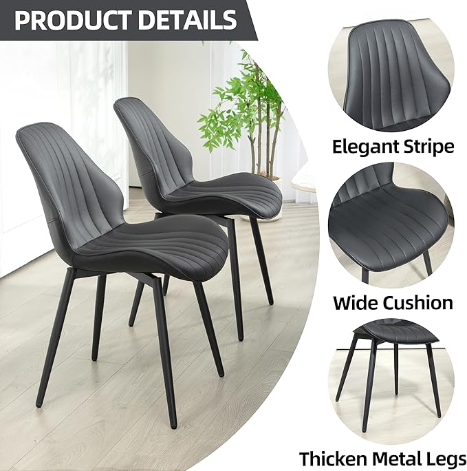 Finnhomy Dining Chairs Set of 2, Mid-Century Modern Upholstered Dining Chairs, Armless Faux Leather Accent Chairs with Backrest, Living Dining Room Chairs with Metal Legs for Dining Room, Black