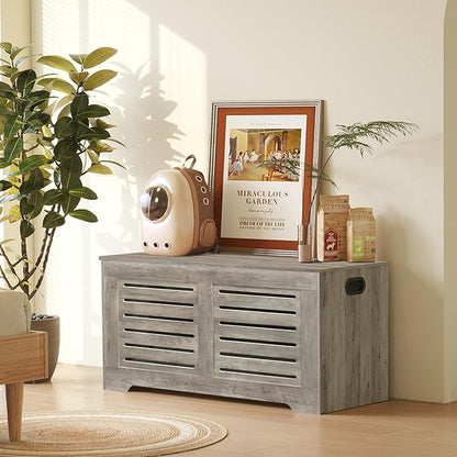 DINZI LVJ Storage Chest, 43.3” Wooden Toy Box with 2 Safety Hinges, Retro Entryway Shoe Storage Bench with Flip-Top, Sturdy Large Storage Trunk for Living Room, Bedroom, Easy Assembly, Gray Wash
