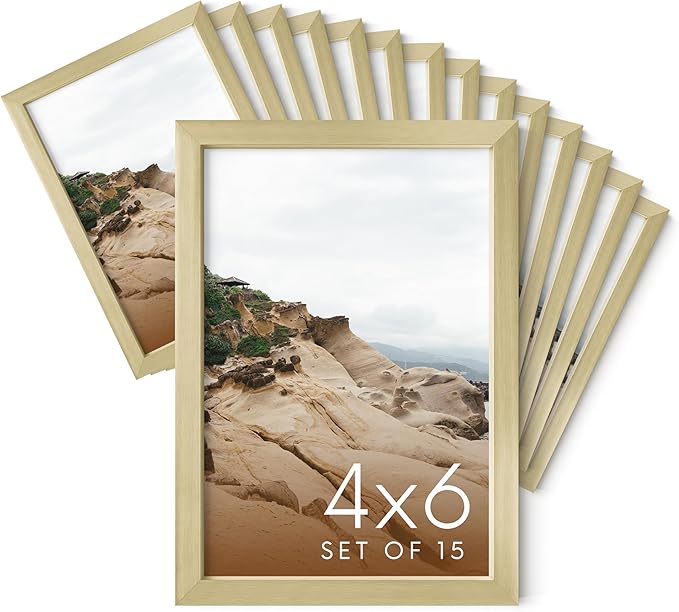HAUS AND HUES 4x6 Gold Metal Picture Frames - 4X6 Frames Bulk - Features Premium Aluminum, Vertical Hanging, Easel Back for Tabletop, Home, Office (4x6 in, Gold, Set of 15)