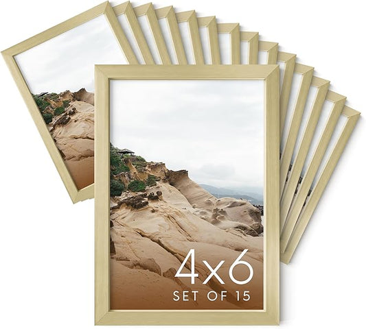 HAUS AND HUES 4x6 Gold Metal Picture Frames - 4X6 Frames Bulk - Features Premium Aluminum, Vertical Hanging, Easel Back for Tabletop, Home, Office (4x6 in, Gold, Set of 15)