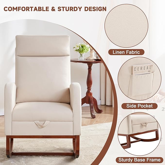Rocking Chair Nursery Chair with Foot Rest, Nursery Rocking Chairs with High Back, Glider Rocking Chair, Baby Nursery Glider Rocker, Nursing Chair Accent Living Room, Beige with Blanket