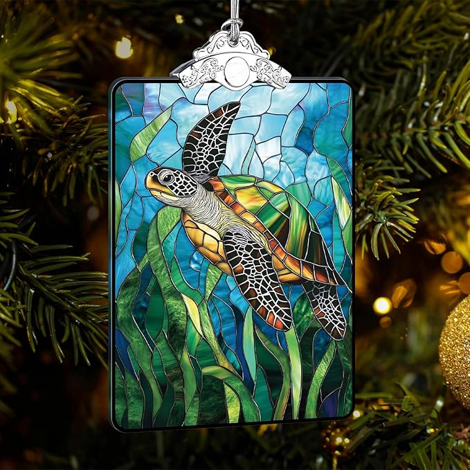Sea Turtle Stained Glass Ornament, 2025 Christmas Tree Hanging Decoration for Gift Exchange or Stocking Stuffer, Holiday Decor, 3.8 x 2.4 Inch