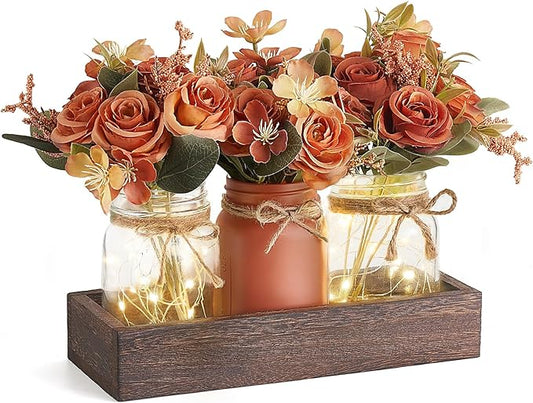 Mkono Mason Jar Lights Centerpiece Table Decorations for Dining Room Farmhouse Coffee Table Decor Tray with 3 Jars Flowers Centerpieces Spring Decor for Kitchen Living Dining Room, Orange