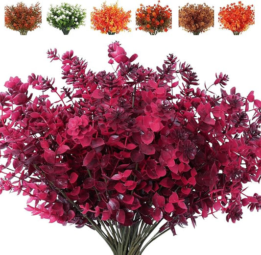 RECUTMS Faux Fall Flowers for Outside,Artificial Plants Outdoor, UV Resistant Flower Greenery Stems Faux Plastic Flowers Shrubs for Home Weddings Garden Porch Front Patio Office Decorr(Wine Red)