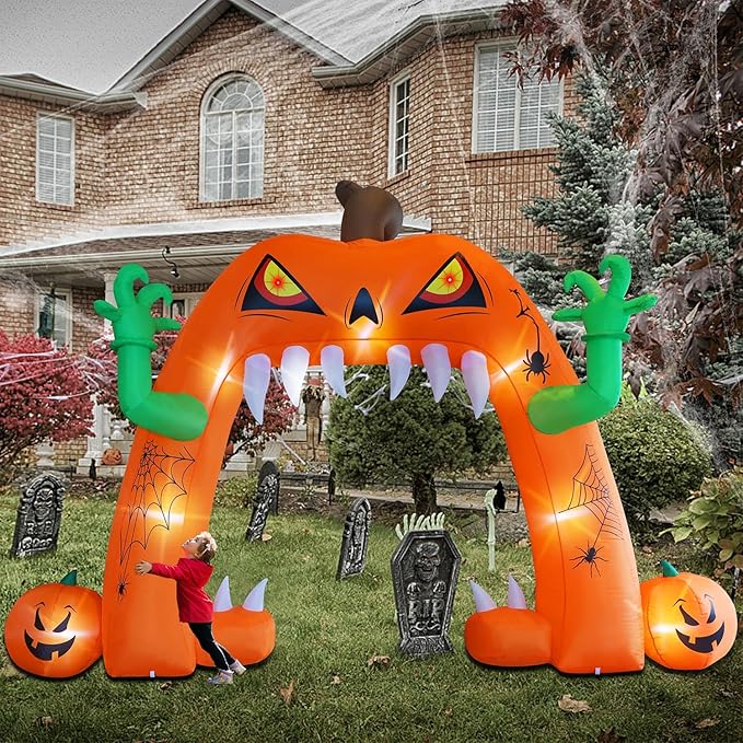 Juegoal Halloween Inflatable Lighted Pumpkin Archway 13 FT(L) x 10 FT(H), Giant Jack-O-Lantern Lawn Arch with Build-in LED, Animated Halloween Yard Prop, Outdoor Holiday Blow up Decor