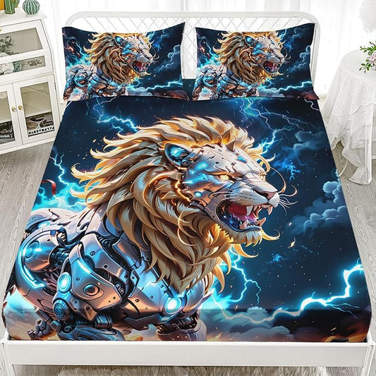 AILONEN Boys Lion Fitted Sheet Set Twin Size, Safari Animal Lion Blue Lightning 3 Pieces Printed Kids Bed Sheet Set,Wildlife Fitted Sheet with 2 Pillowcases