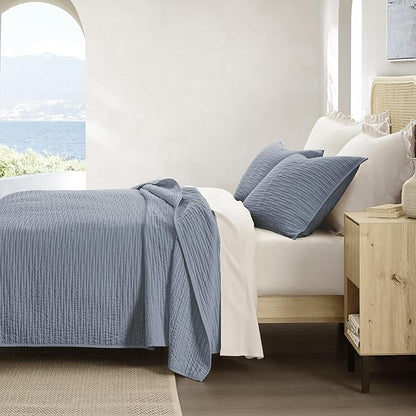 Wonderful Linen Cotton Quilt Set Queen Size, 100% Cotton Back and Filling, 3 Piece Pre-Washed Blue Bedding Cover, Wave Stitched Bedspread Coverlet Bedding Set 3-Piece for All Seasons, 94"x94"