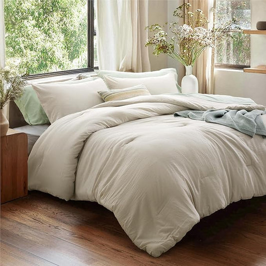 Bedsure Queen Size Comforter Set, Beige Soft Prewashed Bedding for All Seasons, 3 Pieces GentleSoft™ Warm Down Alternative Bed Set, 1 Lightweight Comforter (90"x90") and 2 Pillowcases (20"x26")
