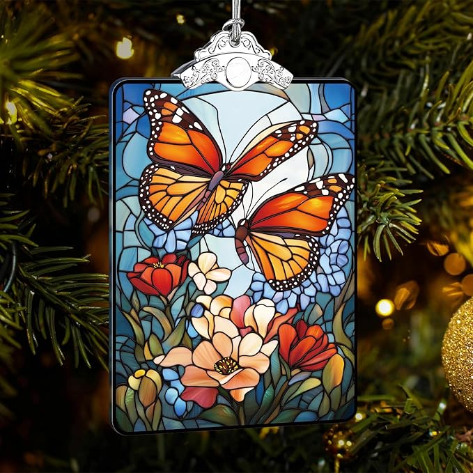Butterfly Stained Glass Ornament, 2025 Christmas Tree Hanging Decoration for Gift Exchange or Stocking Stuffer, Floral Holiday Decor, 3.8 x 2.4 Inch