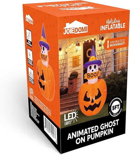 Joiedomi 5ft Tall Halloween Animated Inflatables Outdoor Decorations, Inflatable Ghost on Pumpkin with LEDs, Cute Blow Up Pumpkin Ghost Decor for Outside Yard Outdoor Lawn Garden Party Decoration