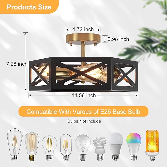 Kitchen Lighting Fixtures Ceiling, Farmhouse Flush Mount Ceiling Light Black and Gold Hallway Light Fixtures with 3 Lights Metal Cage for Hallway Hexagon Shade 14.5 in