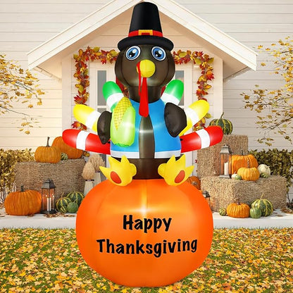 B&D 8FT Thanksgiving Inflatables Turkey Sitting on Pumpkin, Blow up Turkey Thanksgiving Decorations Outdoor Built-in LEDs Autumn Fall Harvest Decorations for Holiday Yard Lawn Garden Patio Decor