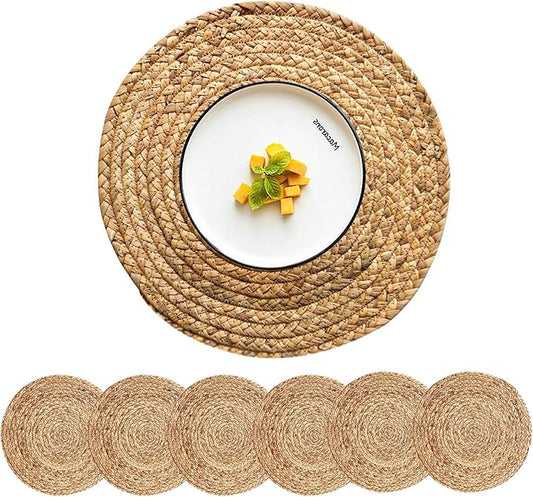 Woven Placemats Round Placemats Set of 6, 13.5 Inch Wicker Placemat Circle Rattan Placemats Farmhouse Boho Braided Natural Water Hyacinth Place Mats for Indoor & Outdoor Table Decor