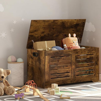 DINZI LVJ Storage Chest, Flip-Top Wooden Toy Box with 2 Safety Hinges, Retro Entryway Shoe Storage Bench, Sturdy Large Storage Trunk for Living Room, Bedroom, Easy Assembly, Rustic Brown