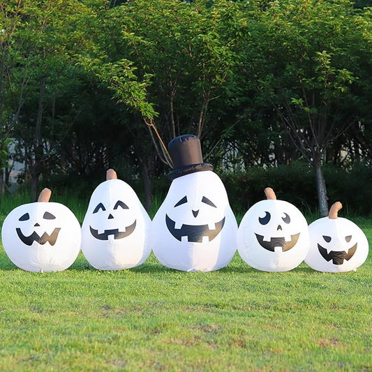 DomKom 8 FT Long Halloween Inflatable White Pumpkin Built in Colorful LED Lights, Holiday Blow up Yard Decoration for Halloween Party Outdoor, Garden Yard Lawn Decor