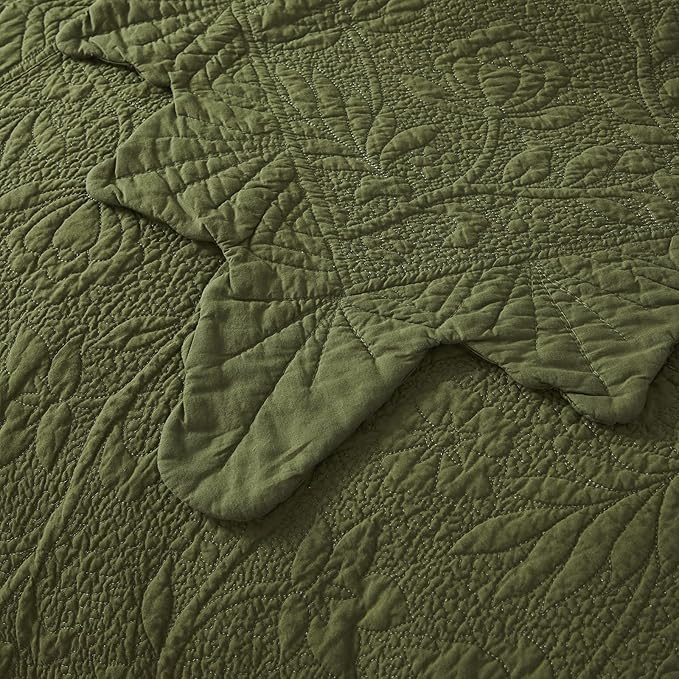 Brandream Queen Size Quilt Set Cotton Green Quilts Luxury Farmhouse Bedding Set Matelasse Coverlet Scalloped Quilt Set 3-Piece