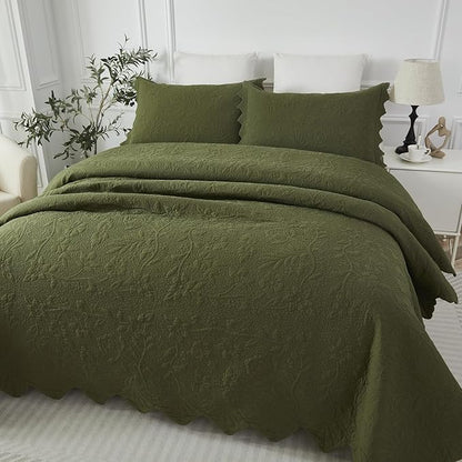 Brandream Queen Size Quilt Set Cotton Green Quilts Luxury Farmhouse Bedding Set Matelasse Coverlet Scalloped Quilt Set 3-Piece