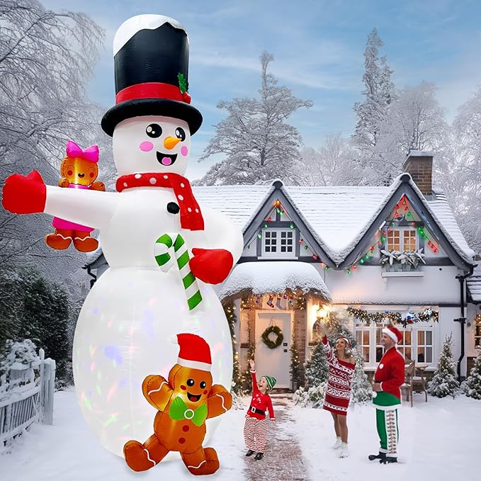 AerWo 14FT Giant Christmas Inflatable Outdoor Decoration, Christmas Blow Ups Yard Decorations Snowman with Gingerbread Man Inflatables, Christmas Inflatables with Rotating LEDs for Lawn Xmas Decor
