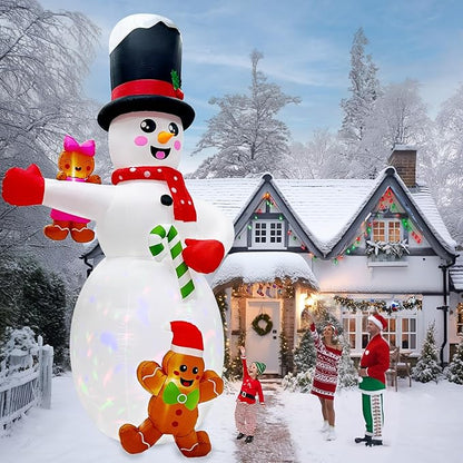 AerWo 14FT Giant Christmas Inflatable Outdoor Decoration, Christmas Blow Ups Yard Decorations Snowman with Gingerbread Man Inflatables, Christmas Inflatables with Rotating LEDs for Lawn Xmas Decor