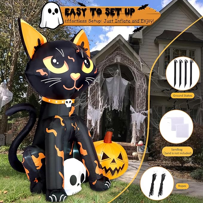 CAMULAND 5FT Halloween Decorations Outdoor,Halloween Inflatable Blow Up Black Cat and Pumpkin Decor with Built-in LED Lights Trick or Treat for Indoor Lawns Yards Party Home