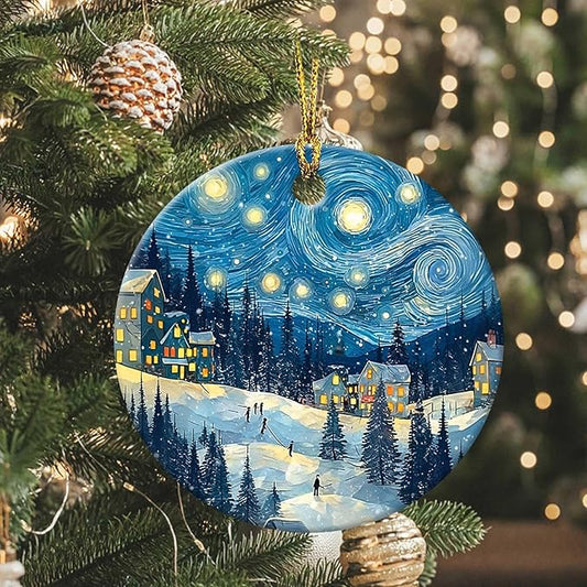 Happy Winter Holiday Ornaments Snow Village Round Ceramic Colorful Hanging Ornament Christmas Keepsake Decor for Xmas Tree Winter Holiday Xmas Gift for Women Men 3"