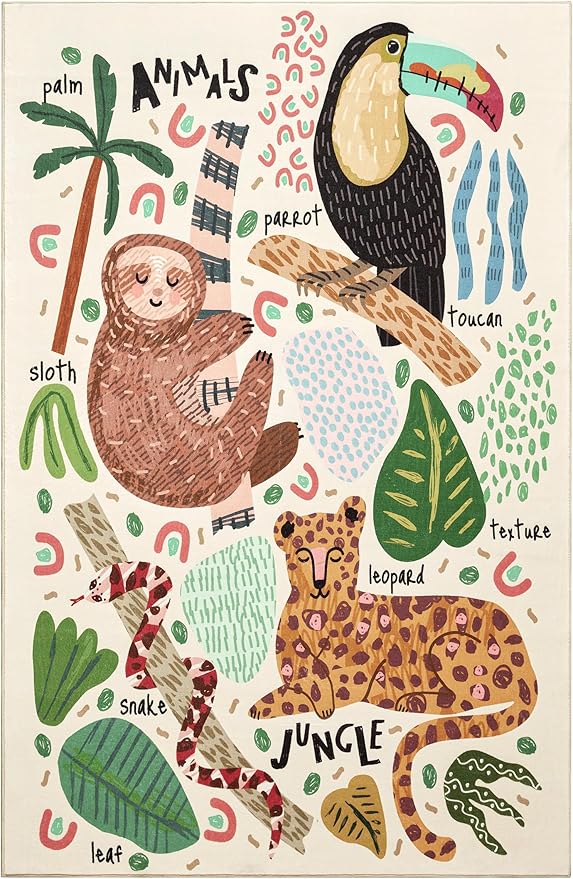 5x7 Cute Animals Nursery Rugs for Girls Boys Neutral, Soft Cartoon Fun Whimsical Forest Jungle Kids Playroom Carpet, Modern Abstract Funky Tropical Leaves Plants Area Rugs for Kids Bedroom Living Room