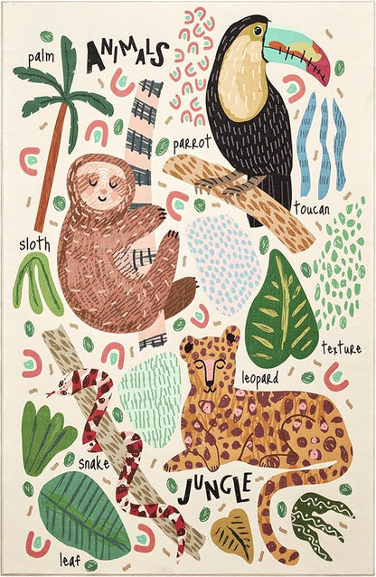 5x7 Cute Animals Nursery Rugs for Girls Boys Neutral, Soft Cartoon Fun Whimsical Forest Jungle Kids Playroom Carpet, Modern Abstract Funky Tropical Leaves Plants Area Rugs for Kids Bedroom Living Room
