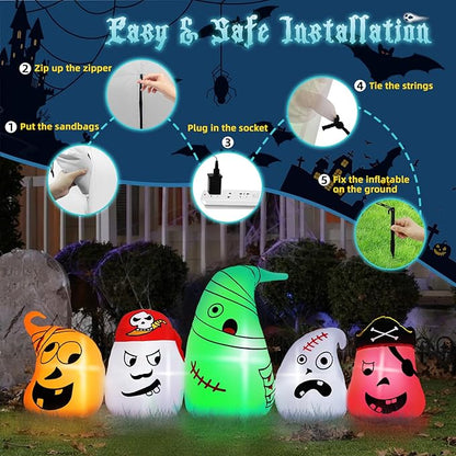 B&D 8FT Long Halloween Inflatables Ghost Outdoor Decorations, 5 Pirate Ghosts Inflatable Halloween Decorations with Color Changing RGB Lights Halloween Blow Ups for Party, Garden, Yard, Lawn Decor