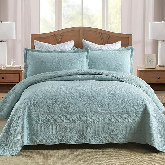 MarCielo 3-Piece 100% Cotton Oversized Bedspread Lightweight Quilt Coverlet Embroidery Farmhouse Bedding (Tf Aruba Blue, Oversized Queen (100"x106"))