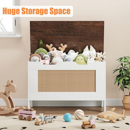 IDEALHOUSE Storage Chest, Rattan Toy Chest for Boys Girls, 30" Kids Wood Large Toy Box, Storage Bench with Safety Hinge,Storage Trunk for Entryway, Living Room, Bedroom, Playroom, White