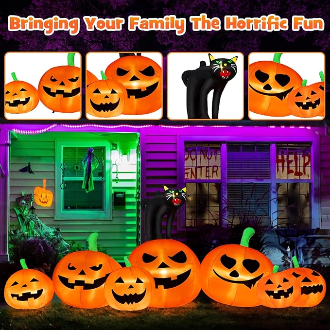 B&D 8FT Long Halloween Inflatables Pumpkin Outdoor Decorations, 7 Inflatable Pumpkins and Black Cat Combo Halloween Blow Up Decorations Built-in LEDs for Holiday Party Yard Garden Lawn Patio Décor