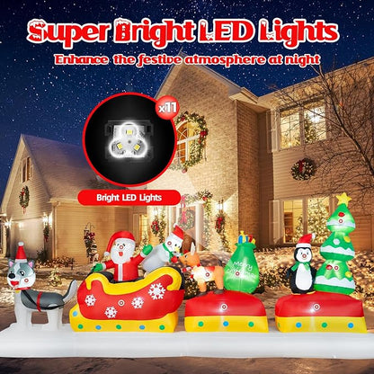 B&D 12FT Long Christmas Inflatables Outdoor Decorations, Inflatable Santa Claus on Dog Sled with Snowman, Penguin, Reindeer Blow up Christmas Decorations Built-in LEDs for Xmas Garden Yard Lawn Roof