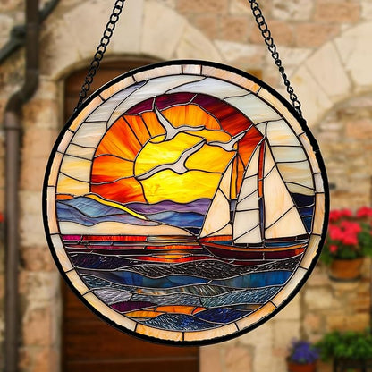 Stained Glass Window Hanging, Sun Ocean Sailboat Seagull Abstract Suncatcher Diamond Glass Panel Sun Catchers Decor for Birthday for Women, Men, Wife, Aunt, and Mom 9.8 in