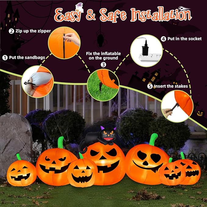 8FT Long Halloween Inflatable Decoration 7 Pumkins with Black Cat with LED Lights Blow Up Inflatable for Halloween Outdoor Indoor Garden Yard Lawn Deco
