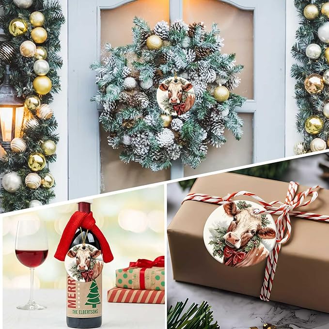 Christmas Cow Ornament Round Ceramic Ornament Xmas Keepsake for Christmas Tree Winter Holiday Xmas Gift for Women Men Xmas Hanging Ornament 3"