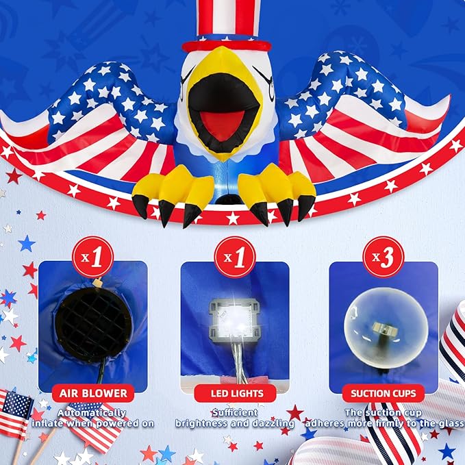 4th of July Patriotic Inflatable Eagle Window Decorations, 4FT Fourth of July Blow Up Inflatable Independence Day Decorations Built-in LEDs for Holiday Party Indoor Outdoor Yard Garden Decor