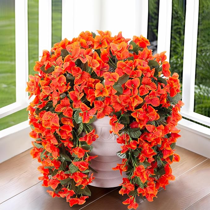 Artificial Bougainvillea Faux Flowers Plants for Outdoors Outside Fall Autumn Decor, 2 PCS Silk Trailing Vines UV Resistant Realistic Orange Fake Flowers for Planter Front Door Porch Patio Balcony