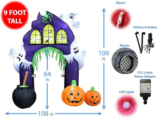 9 Foot Tall Halloween Inflatable Castle Archway with Pumpkins Spider Ghosts Cauldron LED Lights Decor Outdoor Indoor Holiday Decorations, Lighted Yard Blowup, Lawn Blow Up Home Family Party
