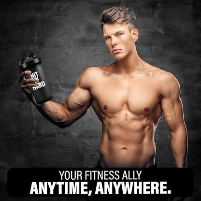 Shaker Bottles for Protein Shakes 24oz, Plastic Bottle for Pre and Post Workout, Protein Shaker Bottle with Wire Whisk Ball, Shaker Cup, Dishwasher Safe (HIT IT HARD, BLACK)