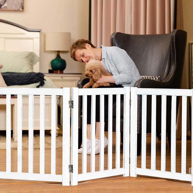 LZRS 3-Panel Wooden Free Standing Foldable Dog Gate – 24" High,Step-Over Safety Pet Gate for Doorways, Stairs, Hallways, Indoor Dog Barrier for Small to Medium Dogs & Puppies, White
