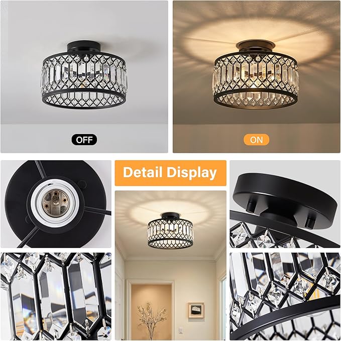 Crystal Ceiling Light Fixture, Modern Semi Flush Mount Ceiling Light, Black Lighting Fixtures Lamp for Hallway, Kitchen, Entryway, Bedroom, Laundry Room, 1-Light, 11.4 Inch