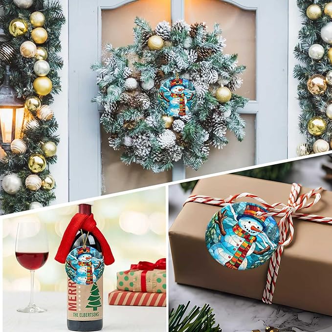 Snowman Ornament Round Ceramic Stained Glass Style Ornament Xmas Keepsake for Christmas Tree Winter Holiday Xmas Gift for Women Men Xmas Hanging Ornament 3"